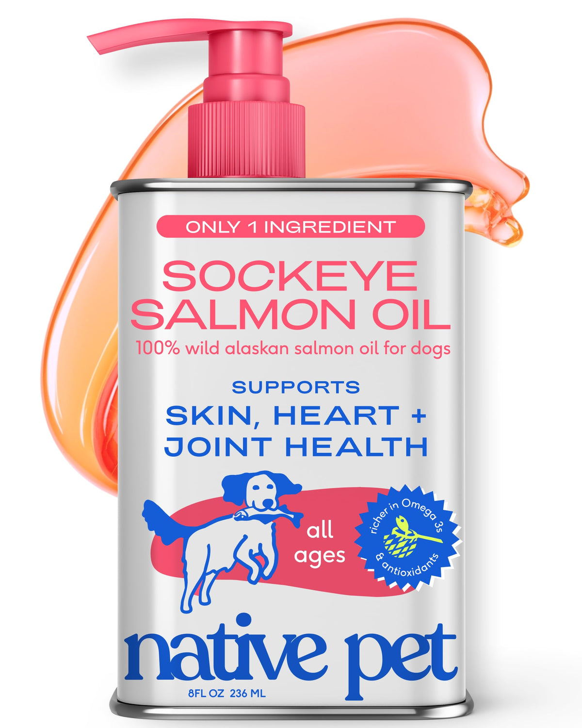 Native Pet Omega 3 Fish Oil for Dogs & Cats – Wild Alaskan Salmon Oil for Dogs Skin and Coat, Supports Joints, Heart & Shedding – Fast-Absorbing Omega 3 6 9 Liquid Supplement – 16oz