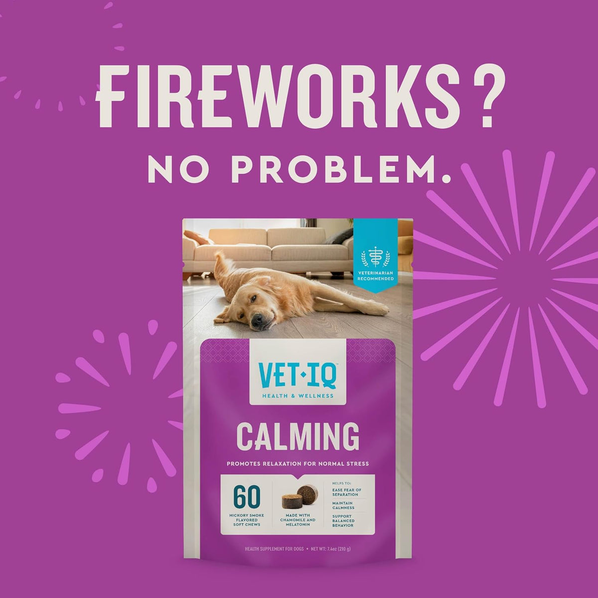 VetIQ Calming Support Supplement for Dogs, Calming Chews Help Manage Stress and Promote Relaxation, Anxiety Relief for Dogs, Made in the USA, 60 Count
