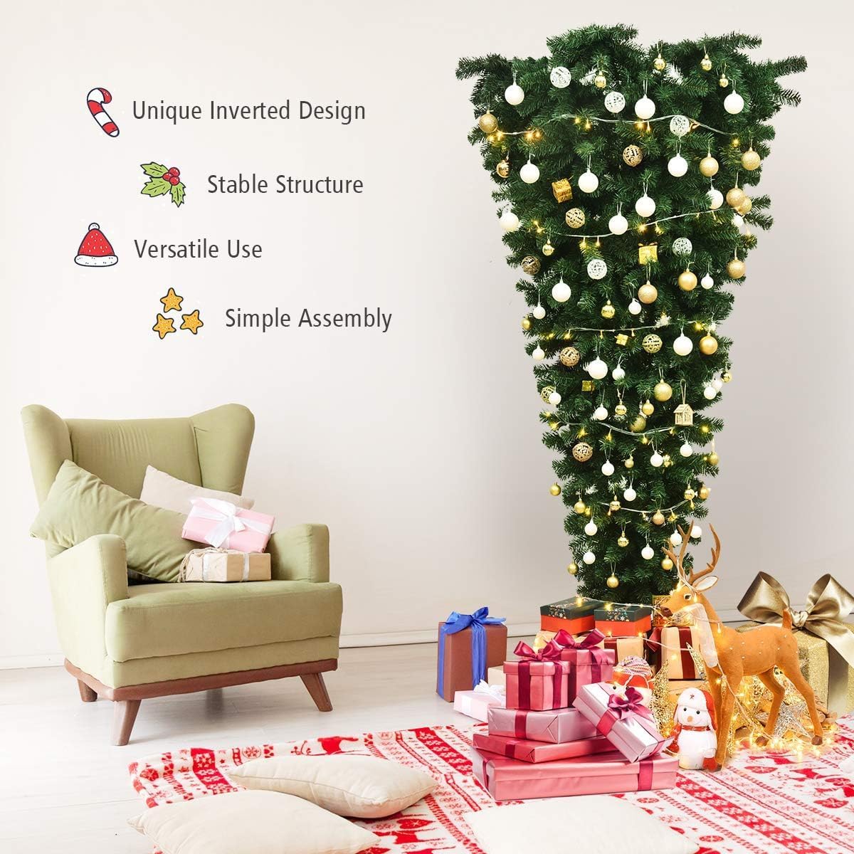HAPPYGRILL 7ft Upside Down Christmas Tree, Artificial Xmas Tree with 1000 Branch Tips, Metal Stand, Green Inverted PVC Tree for Home Holiday Decoration