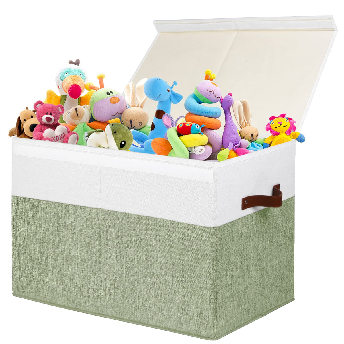 Large Toy Storage Box with Lid, Toy Chest Bin Boxes Basket with Dividers | Sturdy Toy Organizer Bin for Kids, Boys, Girls, Nursery, Living Room, Bedroom, Playroom 25"x13" x16" (Beige and White)