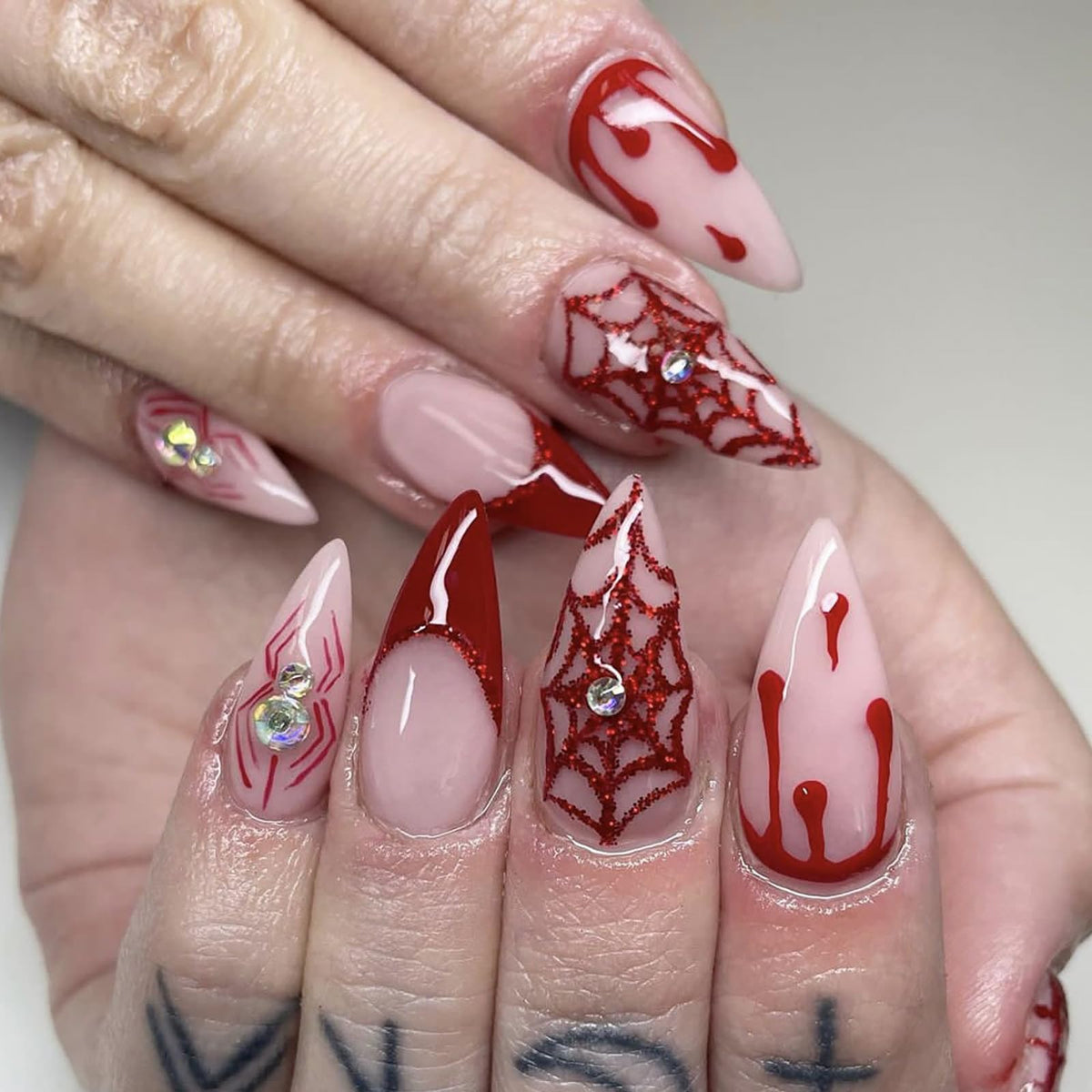 Halloween Press on Nails Medium Almond MABKJLF Fake Nails Glow in The Dark Full Cover Nightmare Christmas False Nails Glossy Glue on Nails Artificial Acrylic Nails for Women Girls 24 Pcs