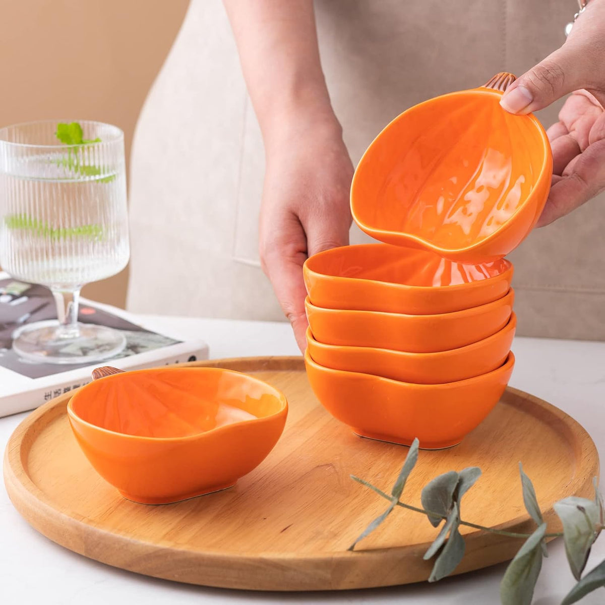 Orange Pumpkin Bowls, 6 oz Ceramic Ramekins, Set of 6
