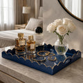Gesodant Scalloped Glossy Plastic Lacquer Decorative Tray, 15.7 x 11.8 Inch Rectangle Serving Tray with Handles for Coffee Table, Ottoman, Bedroom Vanity, Living Room Centerpiece (Royal Blue & Gold)