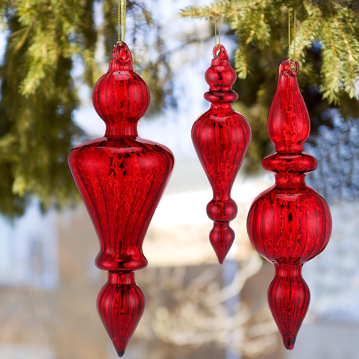 Mifoci 8 Pcs 6 Inch Mercury Glass Finial Christmas Ornaments,Red