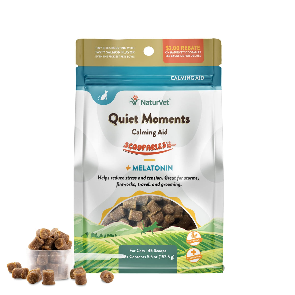 NaturVet –Quiet Moments Calming Aid for Cats Plus Melatonin – 60 Soft Chews – Helps Reduce Stress & Promote Relaxation – Great for Storms, Fireworks, Travel & Grooming