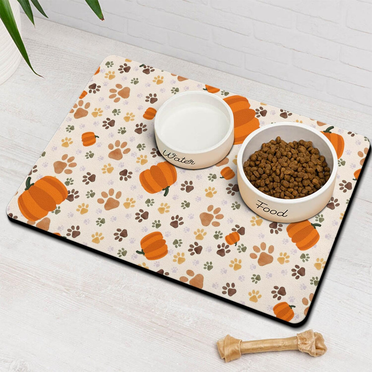 Fall Pumpkin Dog Food & Water Mat, Paw Prints Autumn Pet Feeding Mat for Floor Non-Slip Waterproof, Super Absorbent Cat Bowl Mat, Easy to Clean Eco-Friendly Durable Pet Placemat,12" × 20"