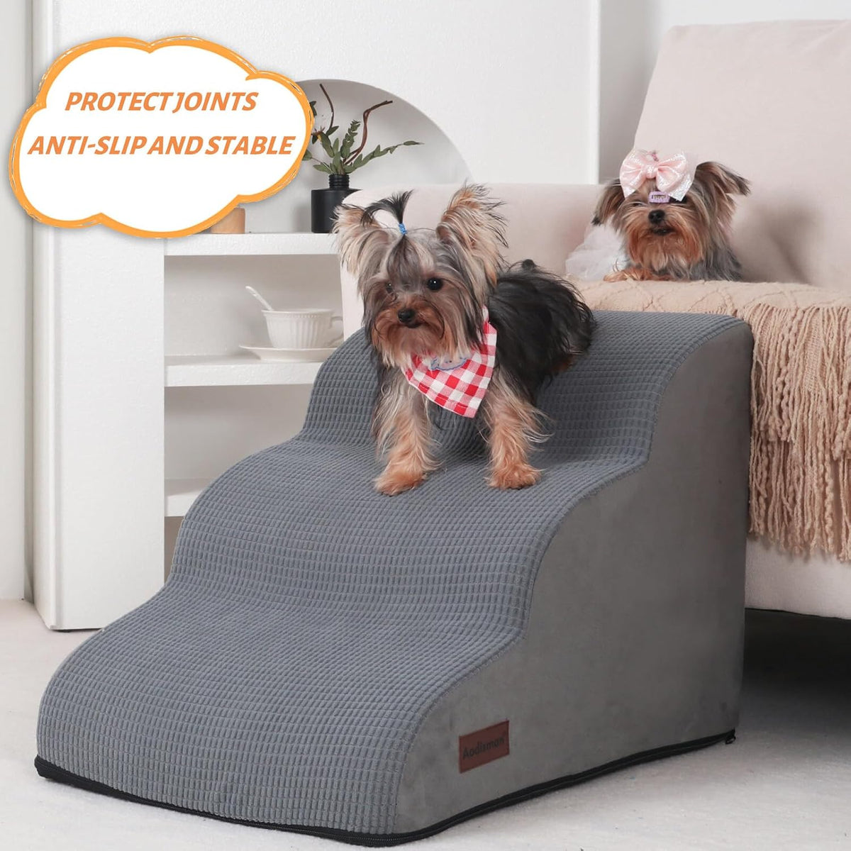 Aodisman Dog Stairs for Small Dogs and Cats,3-Step Pet Ramp for Bed & Couch | 15.7" H Non-Slip Sturdy Dog Steps with Curved Ramp for Senior,Short-Legged Dogs,Puppy and Cats to Reach Sofa or Chair,Grey