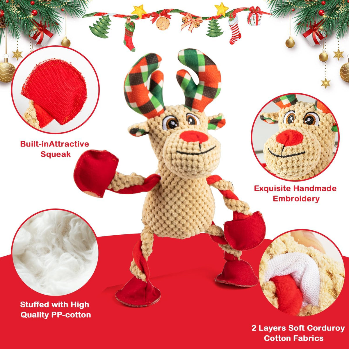 Christmas Squeaker Dog Toys Interactive Durable Dog Chew Toys Reindeer Plush Toy for Puppy Small Dogs Medium Dogs and Large Dogs Birthday