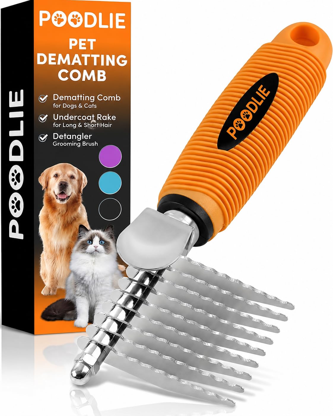 Poodle Pet Detangling Pet Comb with Long & Short Stainless Steel Teeth for Removing Matted Fur, Knots & Tangles – Detangler Tool Accessories for Safe & Gentle DIY Dog & Cat Grooming