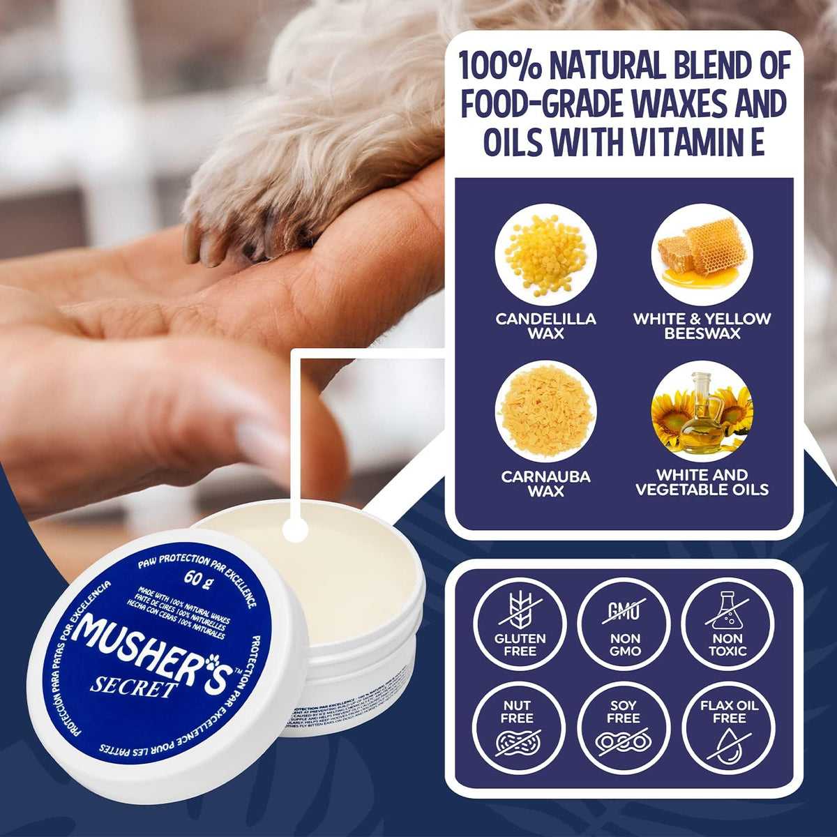 Musher's Secret Dog Paw Wax 60g – Lick Safe Moisturizer for Cracked Pads – Nose & Paw Care Balm – Helps Protect from Hot Pavement & Snow with Vitamin E