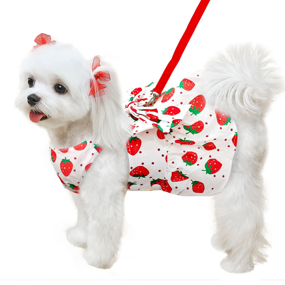 ABRRLO Cute Dog Dress Small Dog Clothes for Girls Female Puppy Outfits Red Strawberry Pet Summer Clothes Bowknot Doggy Cat Princess Dresses Harness for Holiday Birthday Party Costume Clothing (Red,S)