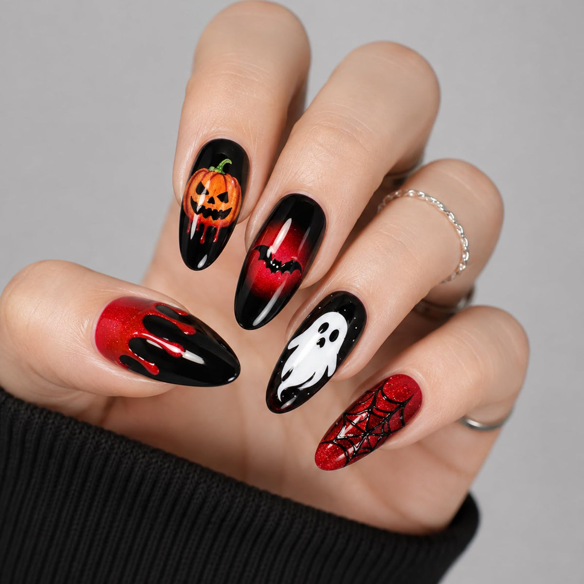 Halloween Press on Nails Medium Almond Ghost Fake Nails 30Pcs