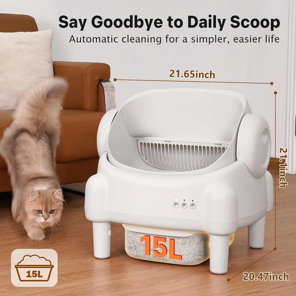 PARUUNTYS Self Cleaning Litter Box,Open Top Automatic Litter Box with App Control for Multiple Cats, Safety Sensors Protection, Odor Control Includes 2 roll Liners,Large Waste Bin, Cream White