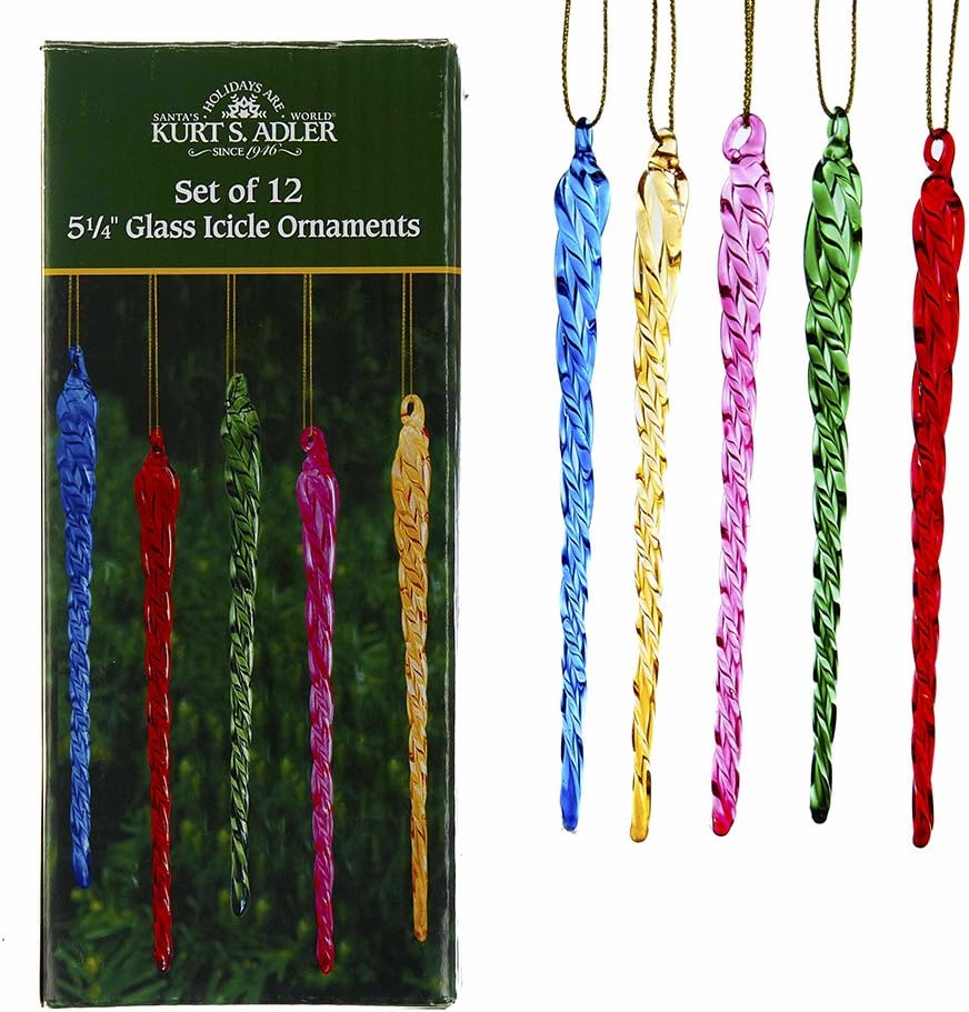 Kurt Adler 5.25-Inch Glass Multicolored Icicle Ornament 12 Piece Box Set