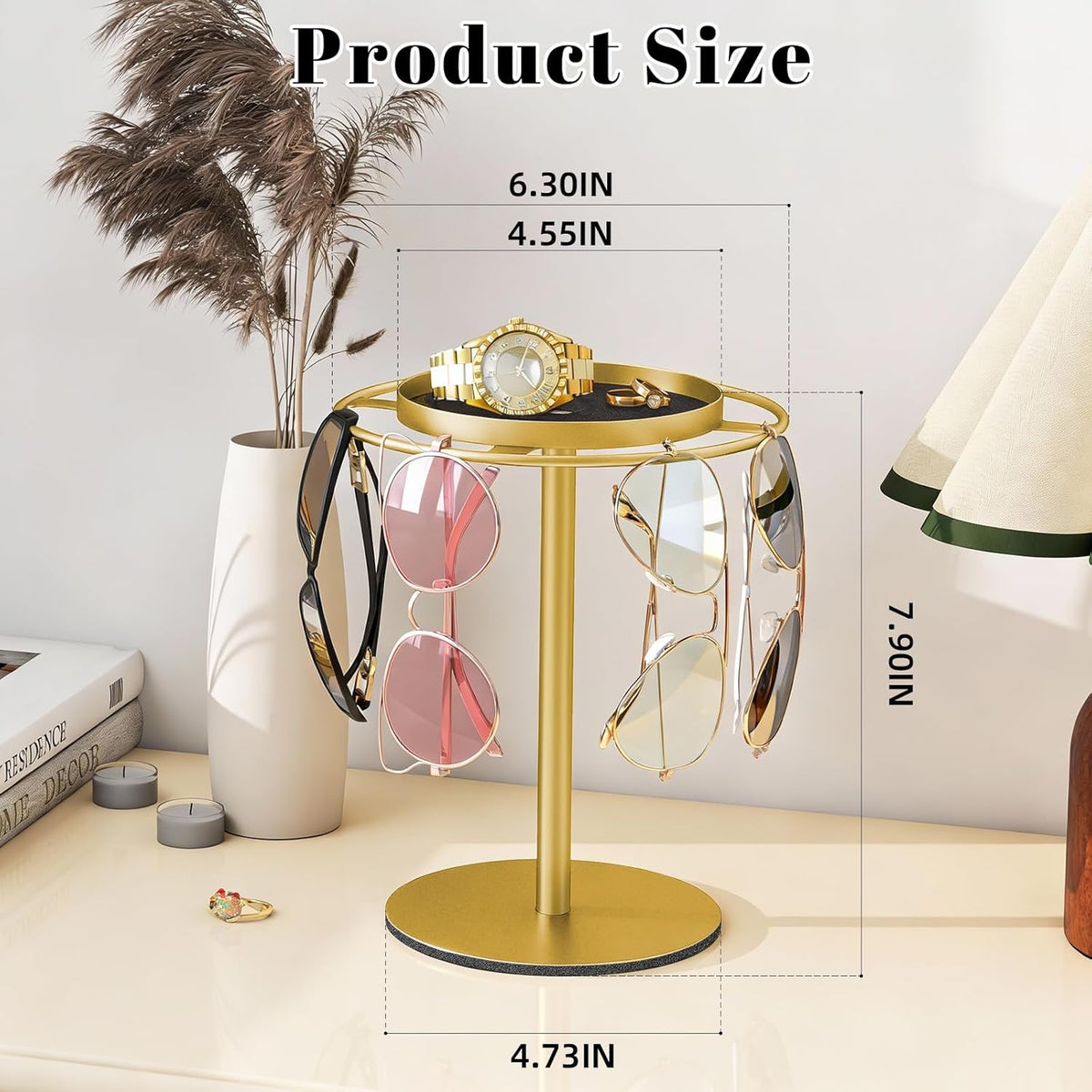 LSK Metal Sunglasses Organizer, Glasses Holder Stand with Storgae Tray, Eyeglasses Holder with Anti-Slip Pads for Tabletop, Desk, Dresser, Gold