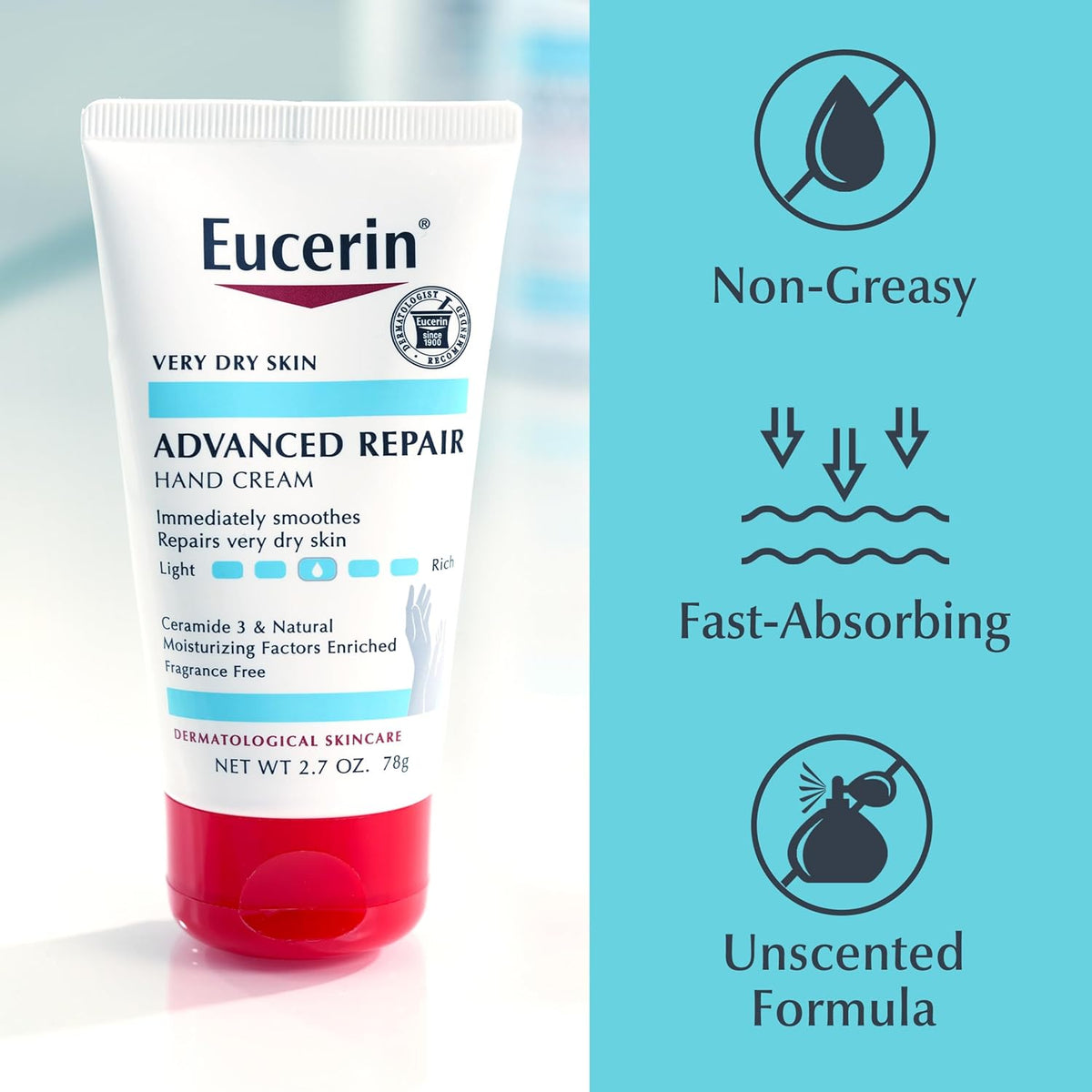 Eucerin Advanced Repair Hand Cream, Urea Enriched, Unscented Moisturizer for Dry Hands, Travel Size Hand Cream, 2.7 OZ Tube, Pack of 3
