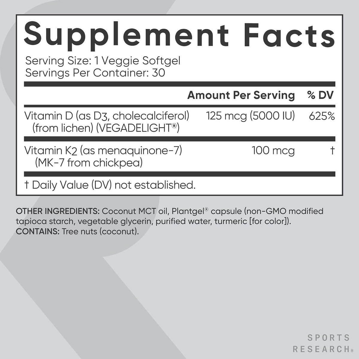 Sports Research® Vitamin D3 + K2 w/Coconut Oil - Vegan Vitamin D 5000iu (125mcg) & Mk7 Vitamin K 100mcg for Bone & Immune Support - Vegan Certified · Non-GMO · Soy Free - 30 Softgels