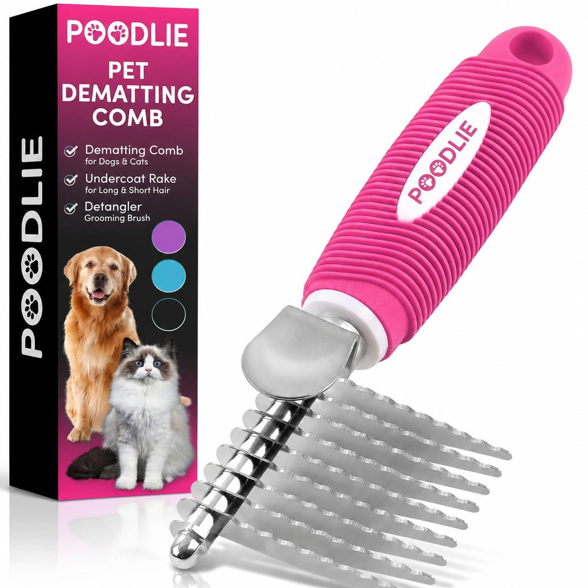 Poodle Pet Detangling Pet Comb with Long & Short Stainless Steel Teeth for Removing Matted Fur, Knots & Tangles – Detangler Tool Accessories for Safe & Gentle DIY Dog & Cat Grooming