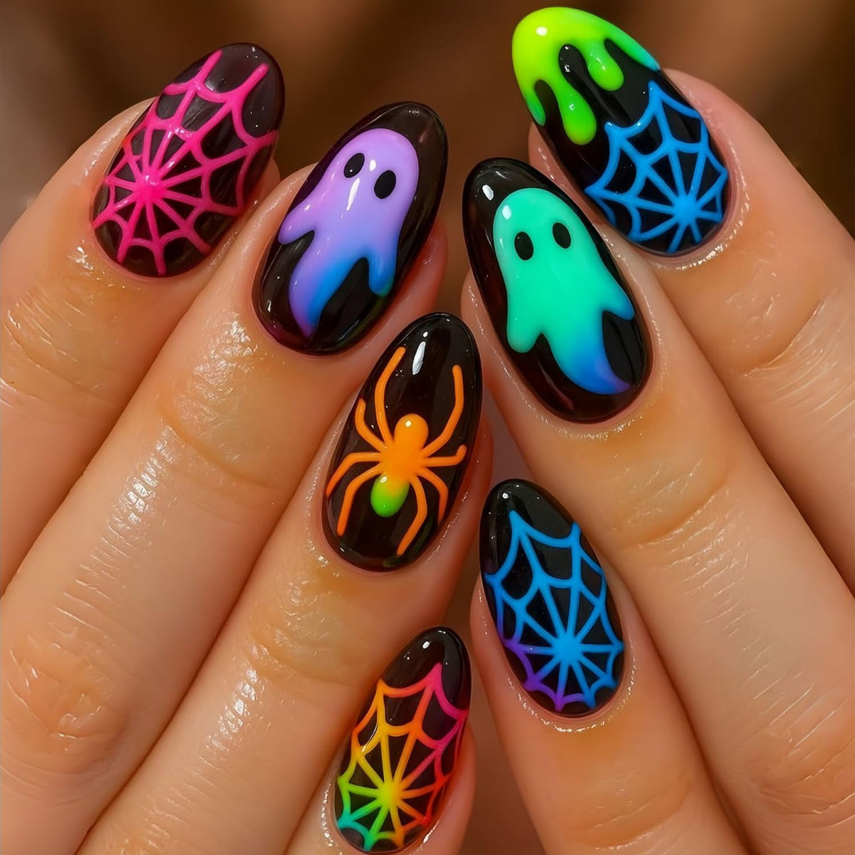 Pink Halloween Press on Nails Long Coffin Fake Nails Cute Ghost Bat Spider Web Design Glossy Acrylic Nails Reusable Stick on Nails Full Cover Artificial Nails Halloween Costume Party Daily Nail Decor