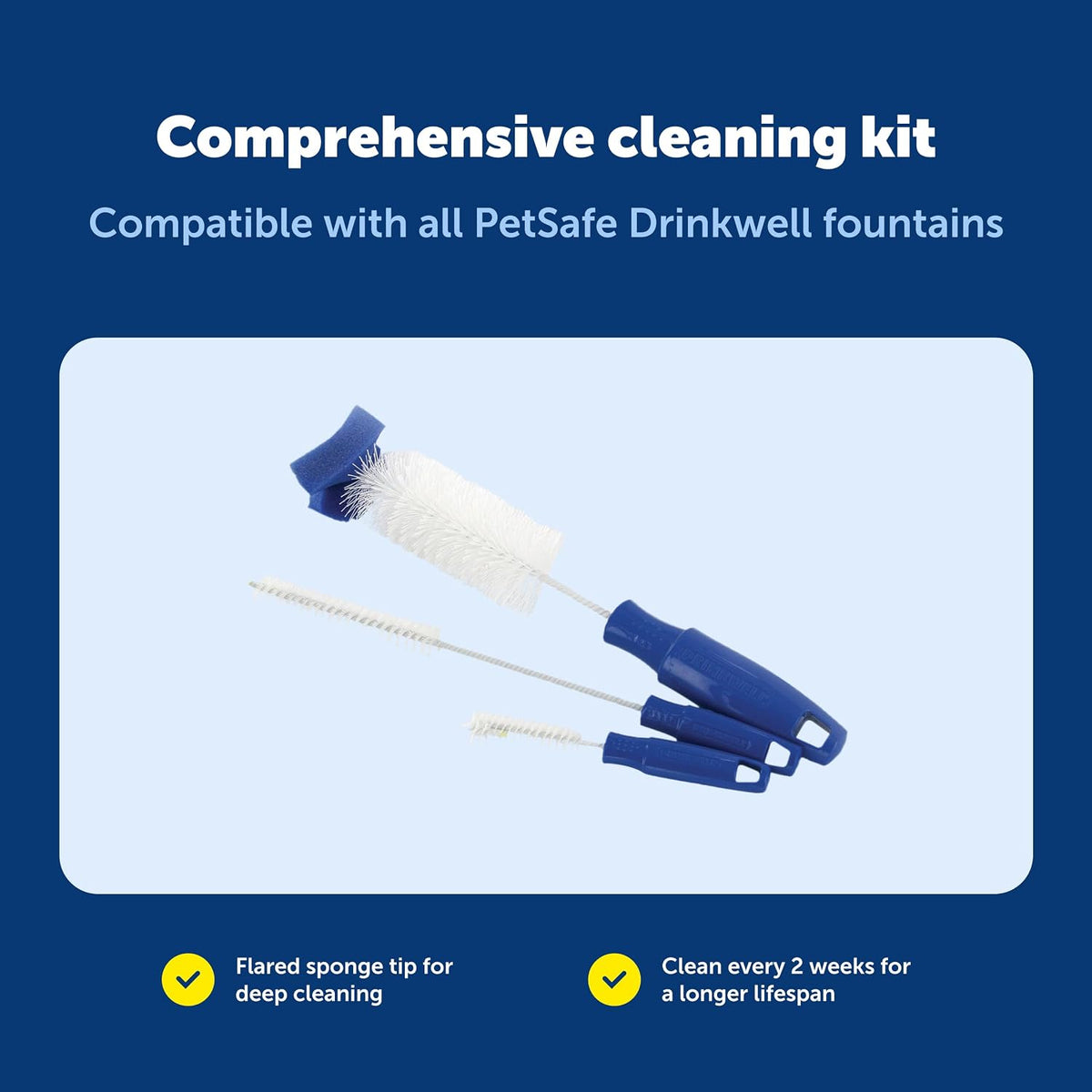 PetSafe Drinkwell Dog and Cat Water Fountain Cleaning Kit, 3 Brushes, Blue, 1 3/8', 1 5/8', 2' brushes (535855) | 3-Brush Set, Plastic-Wrapped Steel Shafts Resist Rust, Flared Sponge Tip for Deep Cleaning, Fits All Drinkwell Fountains