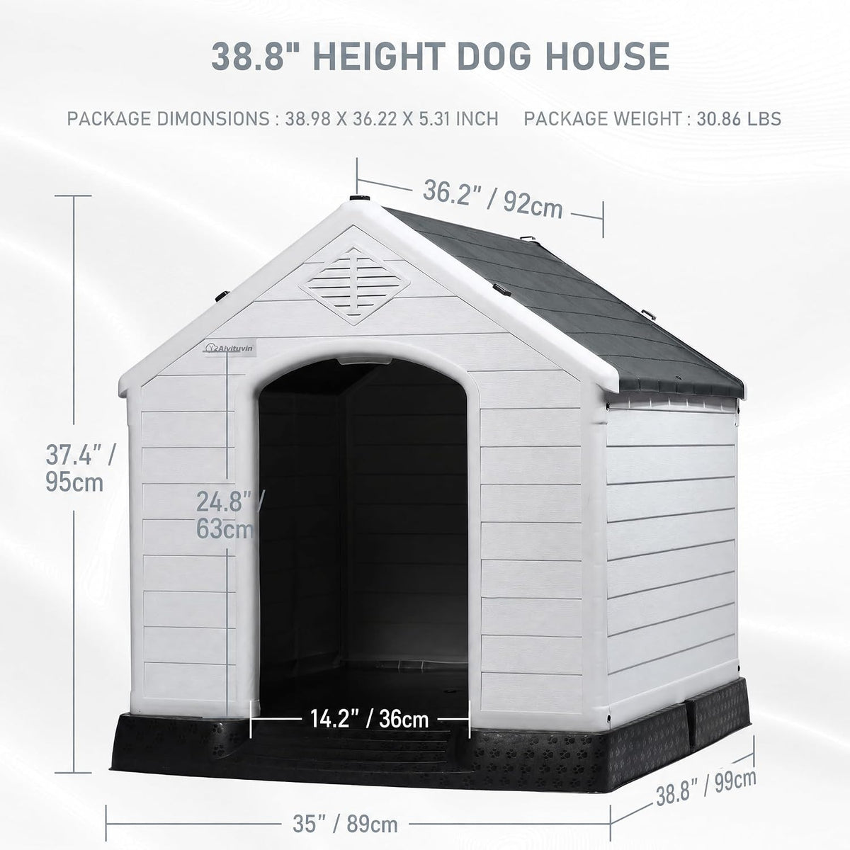 LEMBERI Durable Waterproof Plastic Dog House for Small to Large Sized Dogs, Indoor Outdoor Doghouse Puppy Shelter with Elevated Floor, Easy to Assemble (Gray, 39" L x 35" W x 37.4" H)