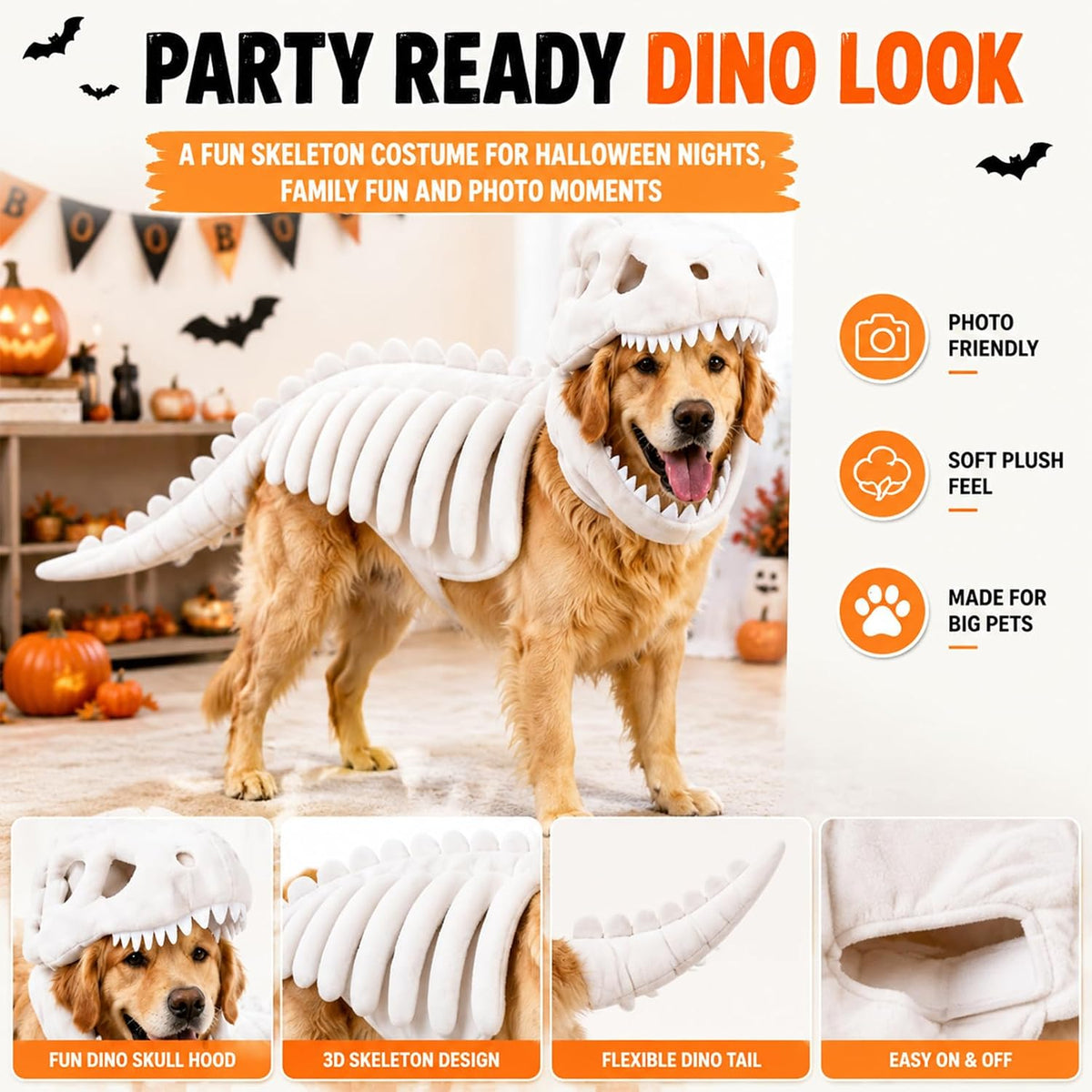 Dog Dinosaur Costume, Glow in the Dark Dinosaur Halloween Costume for Dogs (47.2inch(Big Dog))
