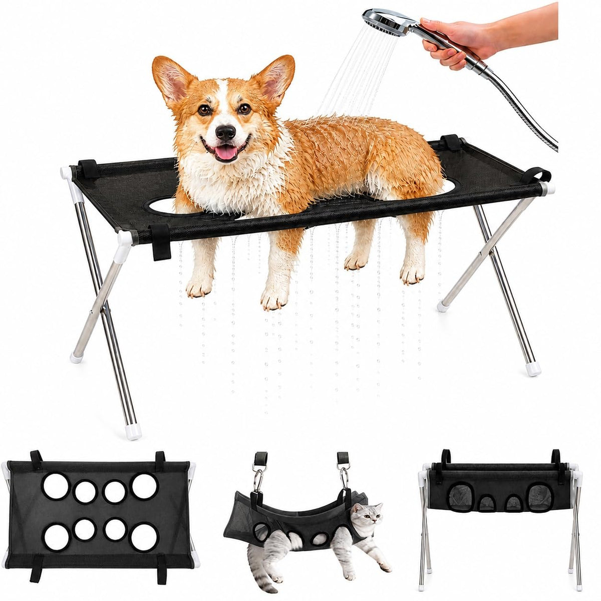 Dog Grooming Hammock Stand, Foldable Dog Bath Holder Sling Shower Chair | Heavy-Duty Pet Bath Stool for Small & Medium Dogs, Home Salon Grooming, Washable Mesh, Joint Support & Restraint(Blue,Base)