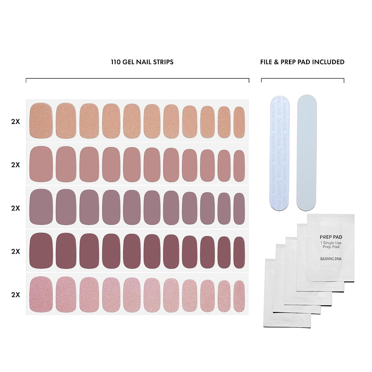 Dashing Diva Gloss Nail Strips 5-in-1 Kit - Best of Nudes - UV Free, Chip Resistant, Long Lasting Gel Nail Stickers - Contains 110 wraps, 5 prep pads, 2 nail files