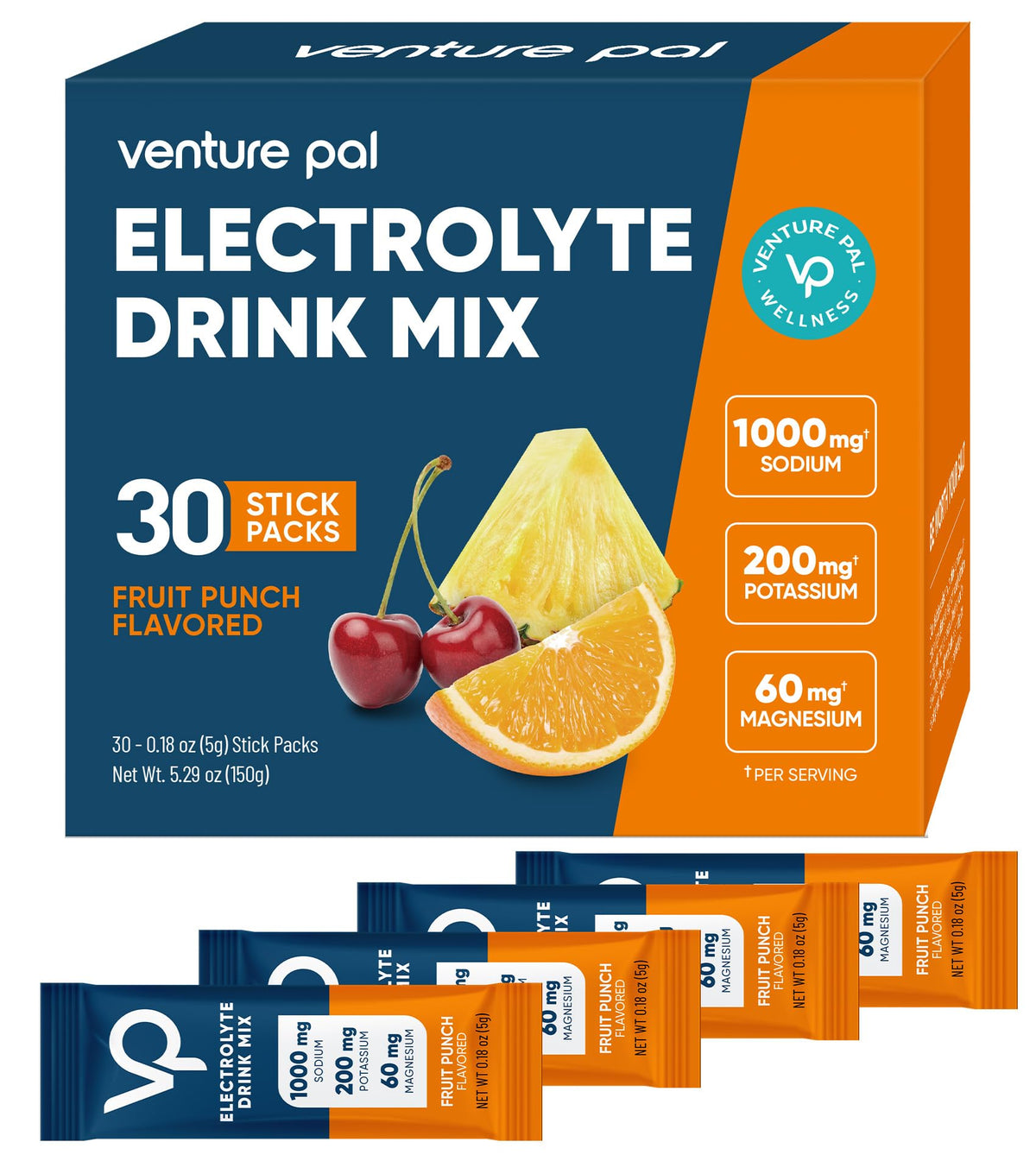 Venture Pal High Sodium Sugar-Free Electrolyte Powder Packets - Hydration Packets with Sodium, Potassium & Magnesium | Zero Calories | Keto, Vegan, and Paleo Friendly | 16 Sticks