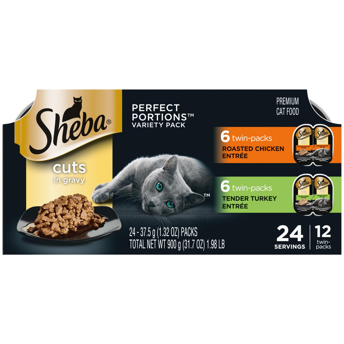 Sheba Perfect Portions Wet Cat Food Cuts in Gravy, Cat Food Wet Recipe, Roasted Chicken Entree, with Sustainable Salmon, Tender Turkey Entree, 2.6 oz. Twin-Pack Trays (24 Count, 48 Servings)