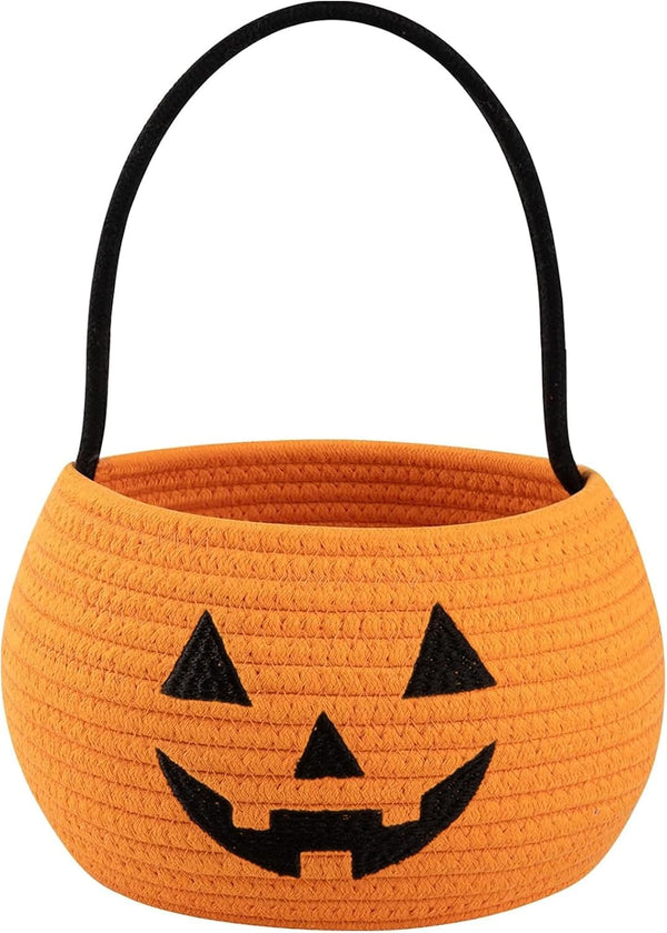 OIASKET Cotton Rope Halloween Pumpkin Basket with Handle, Trick or Treat Bucket for Kids, Woven Boo Candy Basket for Neighborhood Parades & Indoor Holiday Home Decor