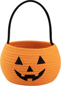 OIASKET Cotton Rope Halloween Pumpkin Basket with Handle, Trick or Treat Bucket for Kids, Woven Boo Candy Basket for Neighborhood Parades & Indoor Holiday Home Decor