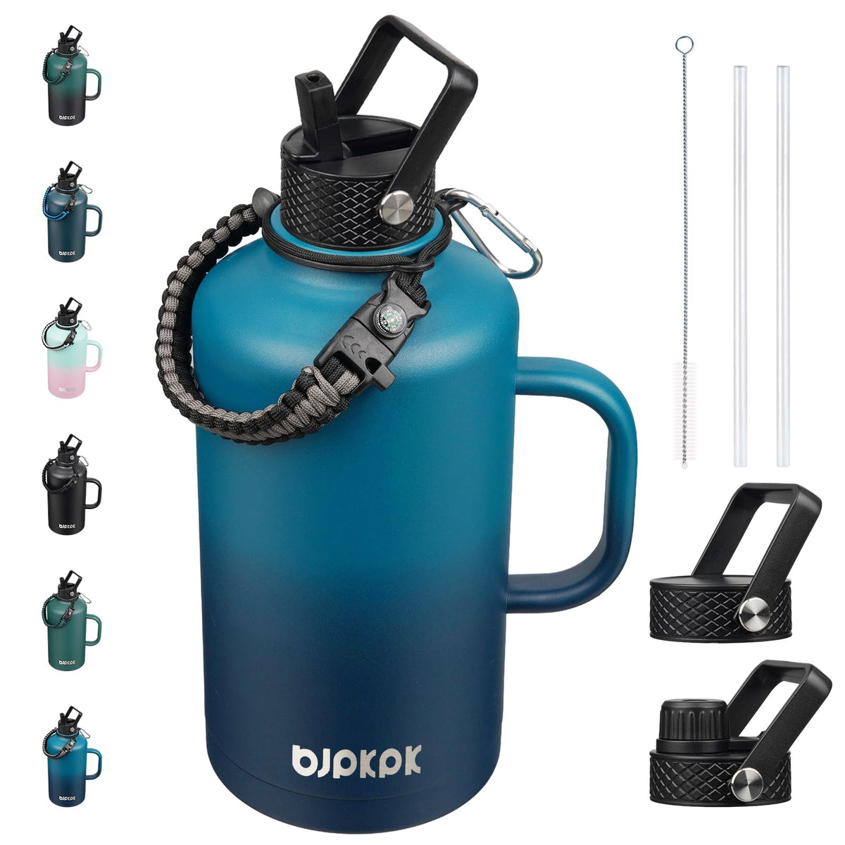 BJPKPK Half Gallon Insulated Water Bottles with Straw Lid & Side Handle, 64oz Large, Stainless Steel Water Bottles with 3 Lids and Paracord Strap, Metal Water Jug,Black