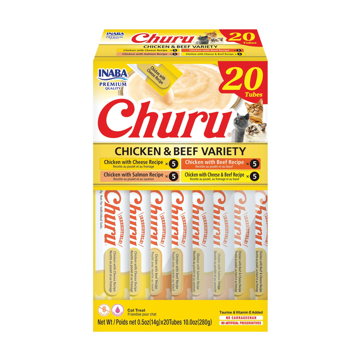 INABA Churu Cat Treats, Lickable, Squeezable Creamy Purée Cat Treat with Green Tea Extract & Taurine, 0.5 Ounces Each Tube, 50 Tubes, Tuna & Chicken Variety