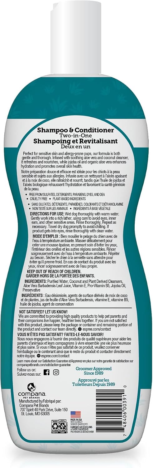 Espree Hypoallergenic Dog Shampoo & Conditioner, Dog Grooming Supplies, Tearless Formula with Aloe Vera, Made Without Sulfates, Parabens, Harsh Chemicals and Dyes, Safe for Sensitive Skin, 20oz