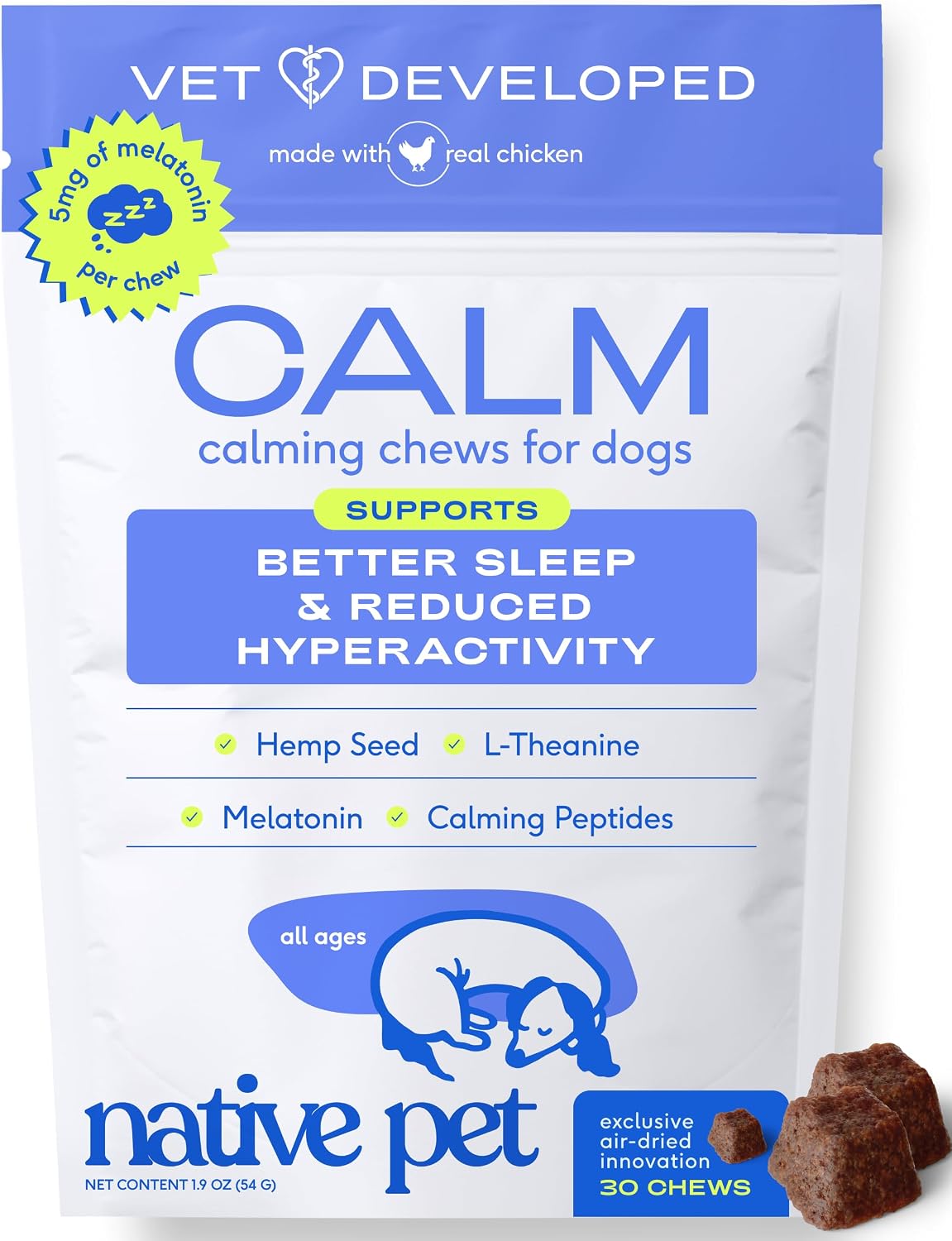 Native Pet Calming Chews for Dogs Medium Breed - 60 Calming Dog Treats - Hemp Seed, Melatonin, L-Theanine - Supports Calm Behavior - 30 Chews