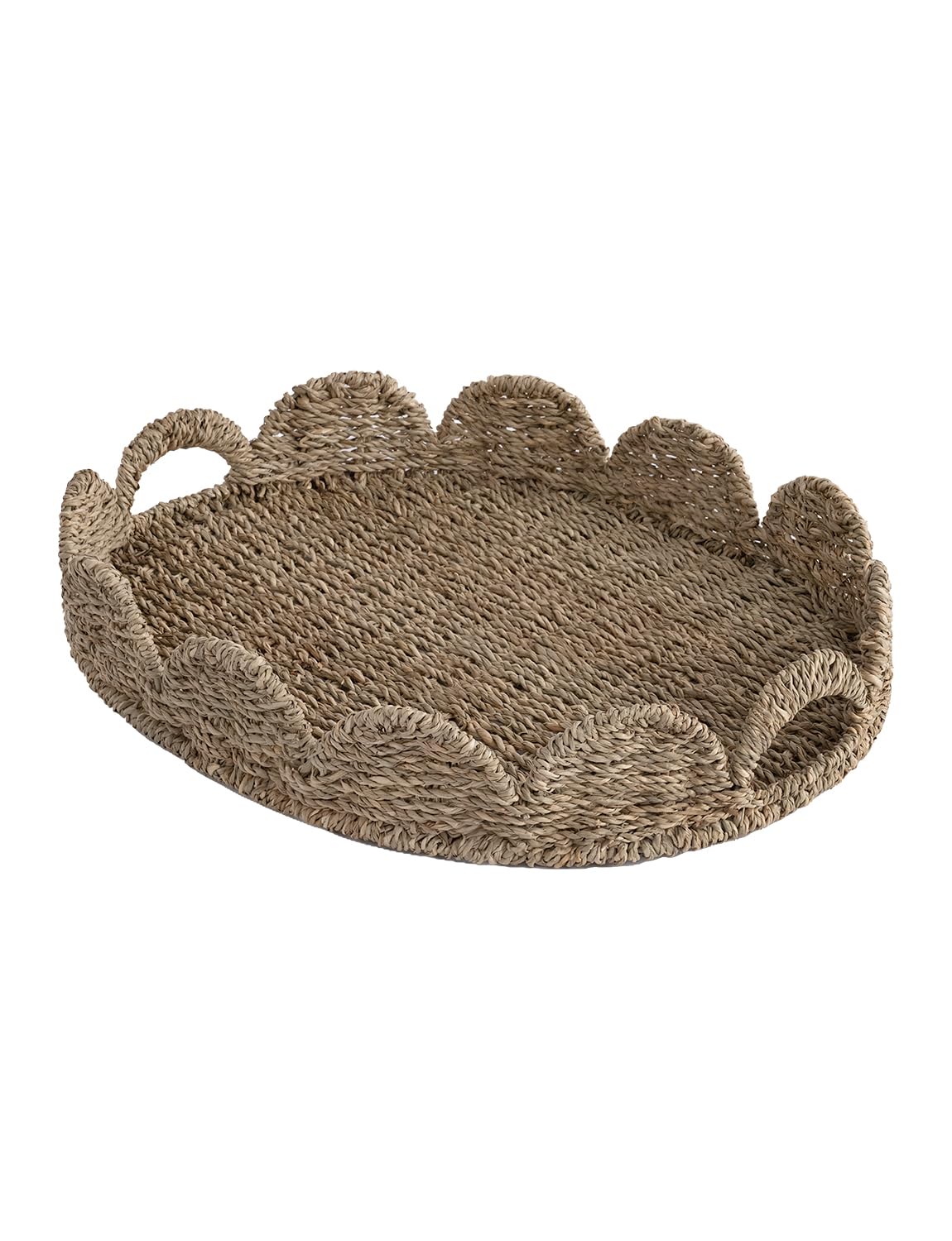 StorageWorks Rectangular Wicker Scalloped Tray, Rattan Scalloped Basket | Shallow Serving Trays with Handles for Coffee Table, Living Room, Seagrass Trays for Decorative & Organizing