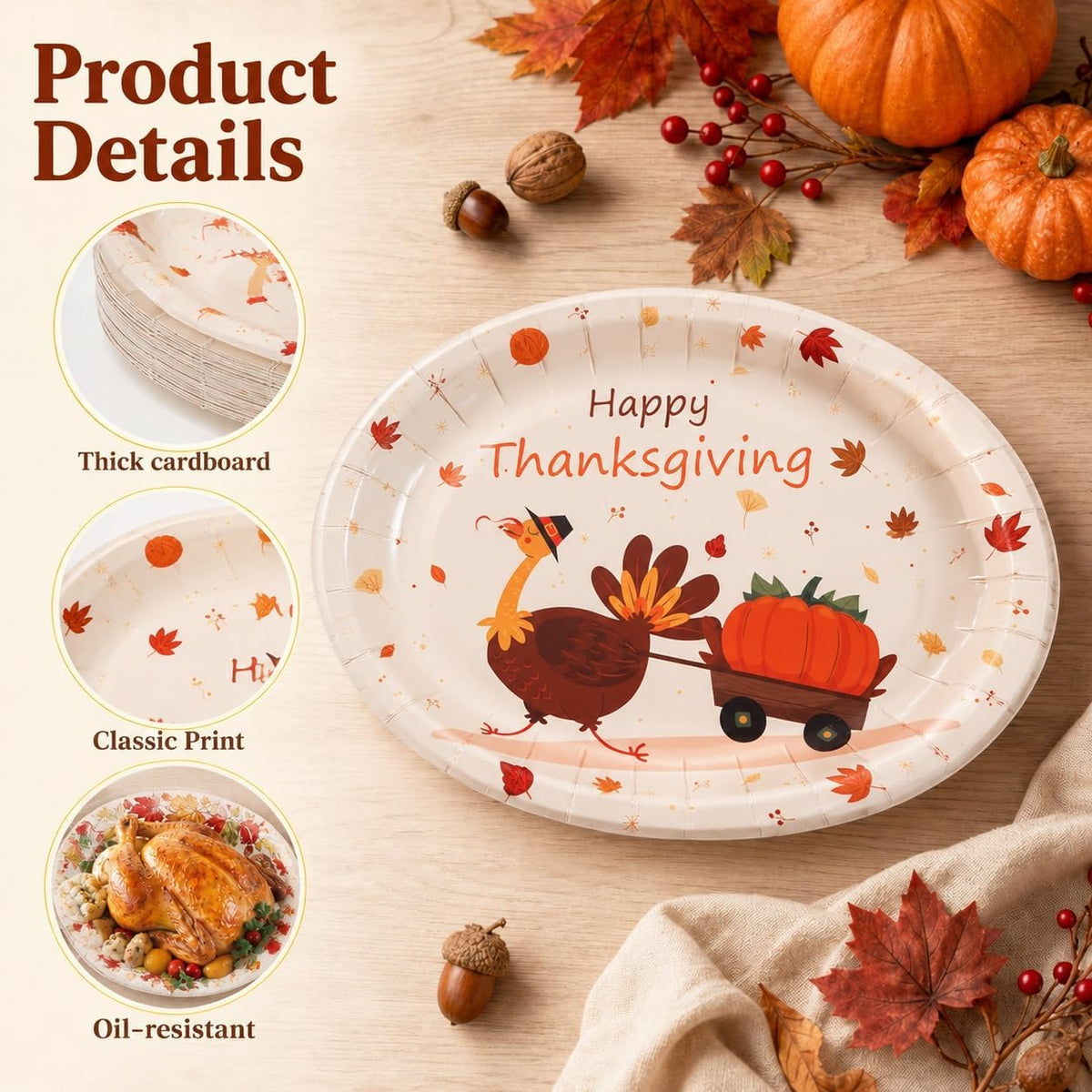 50Pack Thanksgiving Oval Plates Paper - 10" x 12" Happy Thanksgiving Plates Disposable Dinner Supply - Turkey Thankful Pattern