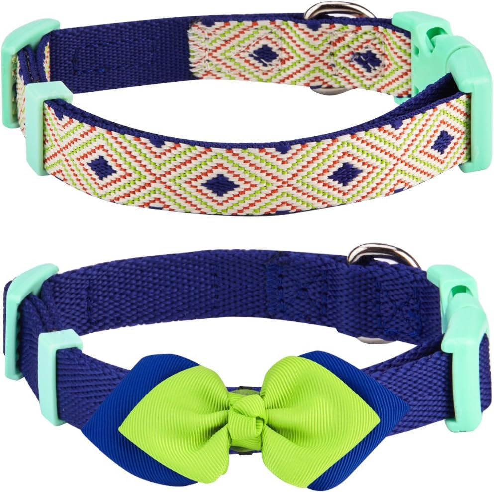 Blueberry Pet Pack of 2 Multiple Patterns Mix and Match Stunning Diamonds Adjustable Dog Collar with Detachable Green Bow Tie, Small, Neck 12"-16"