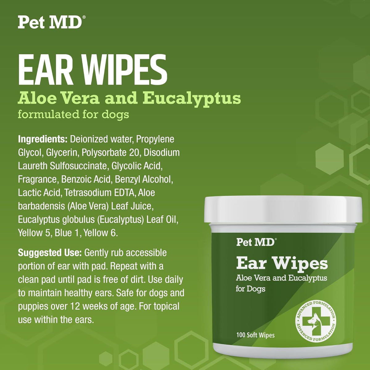 Pet MD Dog Ear Cleaning Wipes – Otic Cleanser for Dogs - 100 ct | Soothing Ear Care with Aloe Vera & Eucalyptus, Regular Wipes