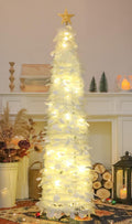 HMASYO 6 FT Pop Up Christmas Tree with 100 LED Timer Lights & Remote, Green Christmas Tinsel Tree, Collapsible Artificial Pencil Tree for Home Office Party Decor, USB Powered, Easy Assembly