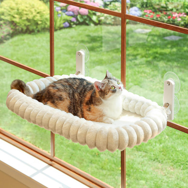 Zakkart SnugCloud Foldable Cat Window Perch - Cordless, Ultra Soft Machine Washable Bed with 4-Sided Bolster, Metal Frame - Window Hammock for Large Cats and Kittens (Cream White, Medium)