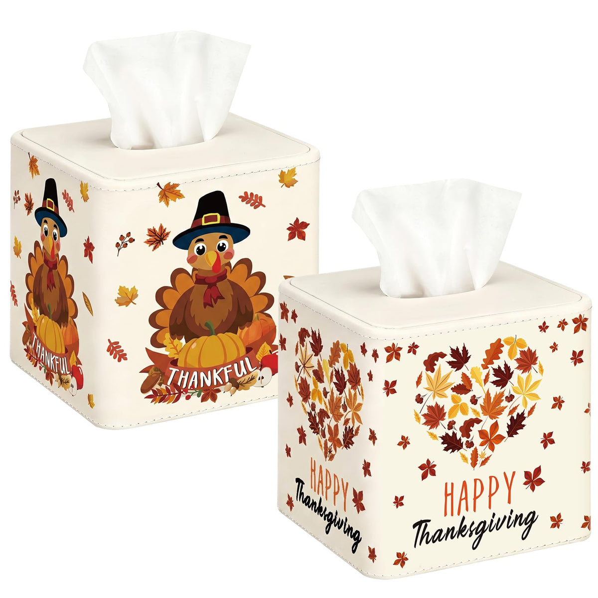 Thyle 2 Pcs Fall Tissue Box Cover Square, Pumpkin PU Leather Tissue Holder
