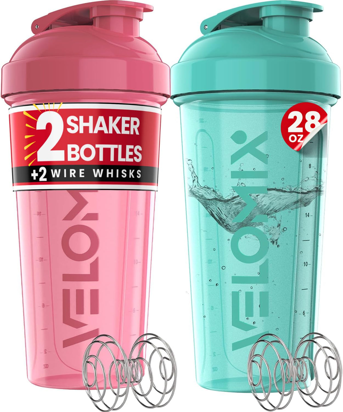 VELOMIX 2 Pack 28oz Protein Shaker Bottle for Protein Mixes, Black/Transpar