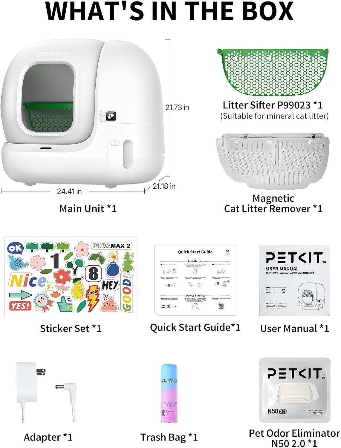 PETKIT PuraMax 2 Automatic Self-Cleaning Cat Litter Box, App Control Automatic Litter Box with Safety Sensors, Odor Free & Anti-Leakage Basic Bundle Includes Trash Bags,2.4G WiFi & Low Entrance