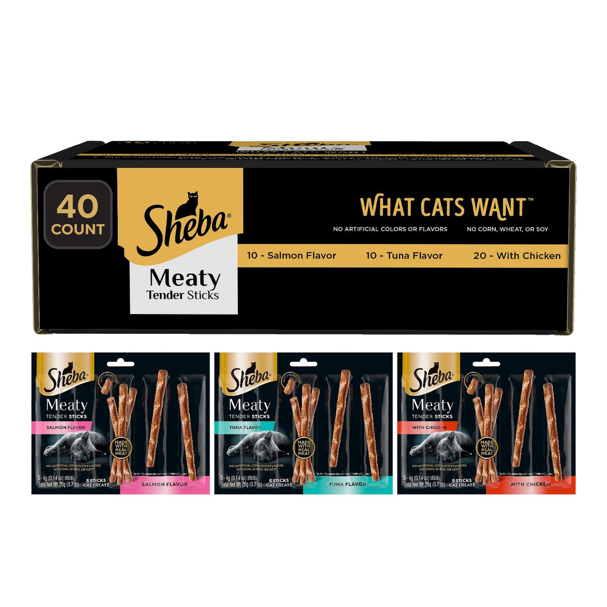 Sheba Meaty Tender Sticks Cat Treats Chicken, Tuna Flavor, or Salmon Flavor, 0.14 oz., 70 Count