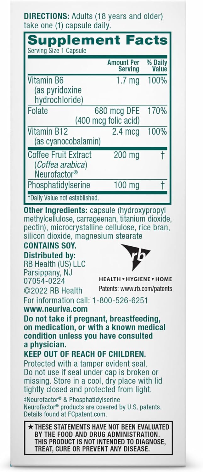 NEURIVA Plus Brain Supplements for Memory and Focus, Clinically Tested Nootropics Neurofactor and Phosphatidylserine, with Vitamin B12, Vitamin B6 and Folic Acid, 30 Count Capsules
