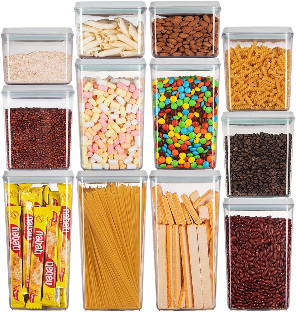 Pop Airtight Food Storage Containers with Lids for Kitchen Pantry Organizing Stackable Container for Cereal Snack Flour Sugar Coffee Spaghetti -12 Pcs(1.2, 2.0, 2.7, 3.3qt)*3