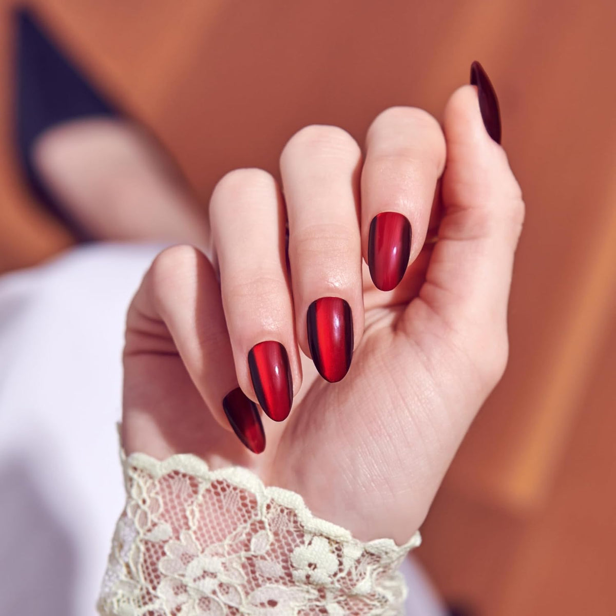 Kiss Core, Press On Nails, Nail glue included, 'Apple Blossom', Red, Medium Size, Almond Shape, Includes 32 Nails, 2g Glue, 1 Manicure Stick, 1 Mini File