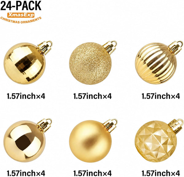 XmasExp 24ct Gold Christmas Ornaments for Tree Decorations, Small Shatterproof Christmas Ball Ornaments Set for Xmas Tree, Perfect Plastic Hanging Balls for Home Holiday Party Decor (1.57'', Gold)